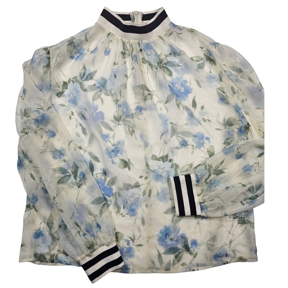 French Connection Floral Chiffon‎ Mock Neck Blouse Blue White Striped Trim Sz M